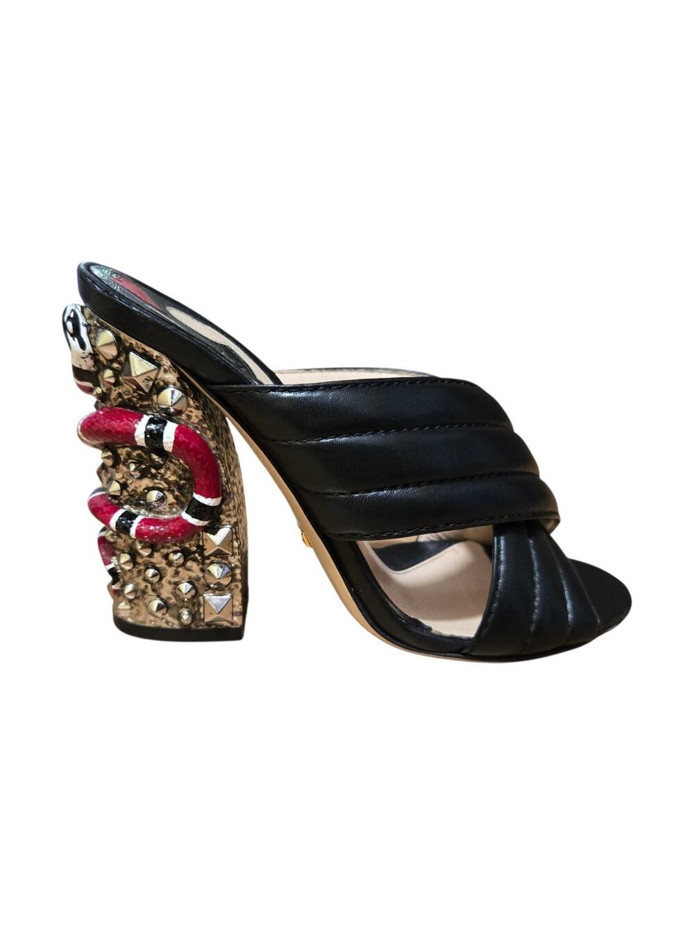 Gucci Black Leather Webby Kingsnake Quilted Slide Sandals